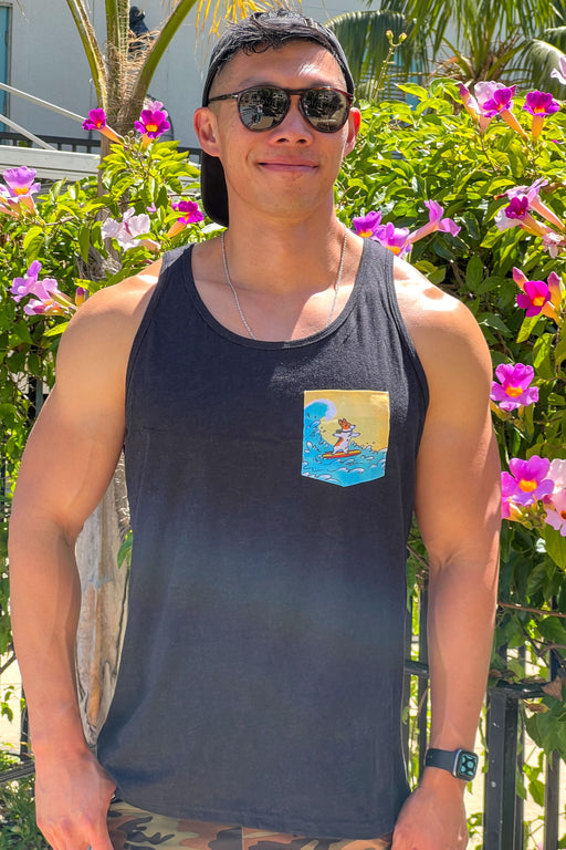 Premium Surfing Corgi Pocket Tank Top [Limited Edition] - Black